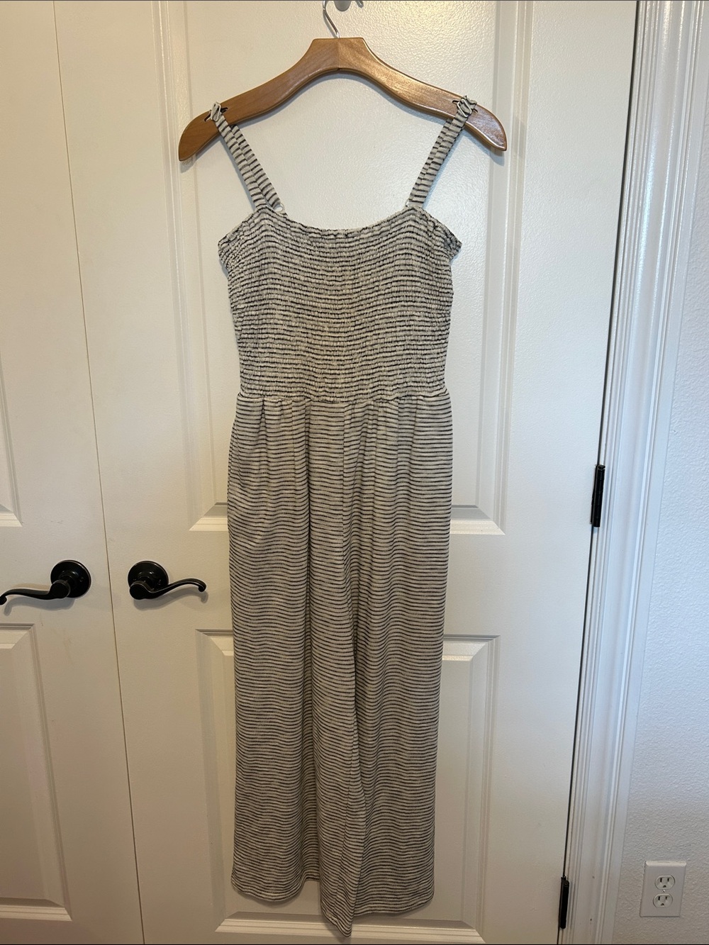 Old Navy Black & White Striped Smocked Strap Jumpsuit